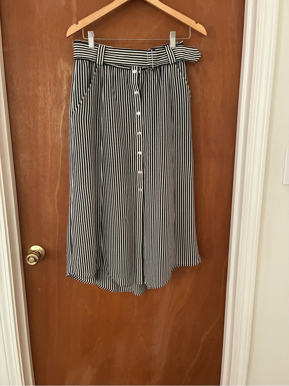 ALC Black and White Striped Silk Button-Front Midi Skirt